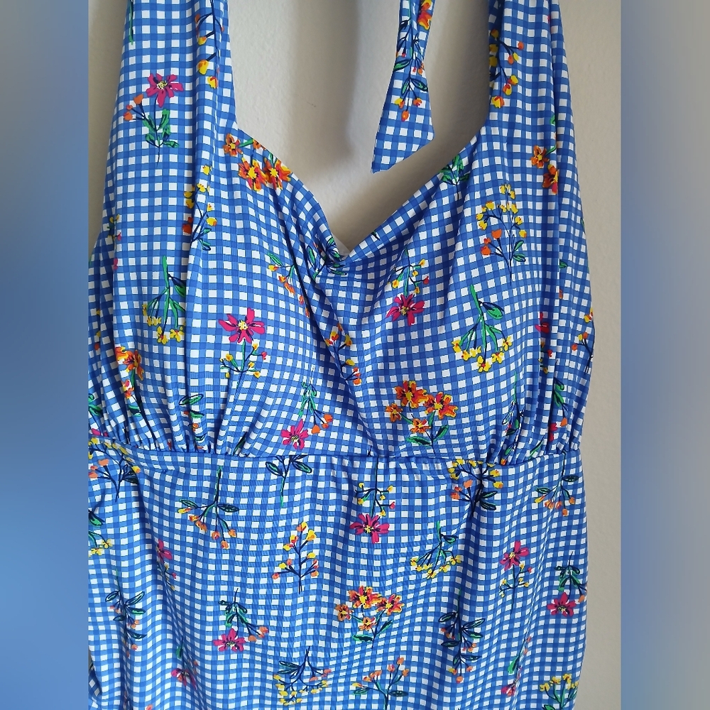 Lands' End Blue Gingham Floral Tankini Swimsuit Top Size 14